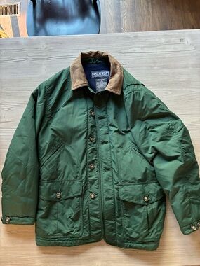 Lands' End Green Men's Field Chore Jacket with Brown Leather Collar